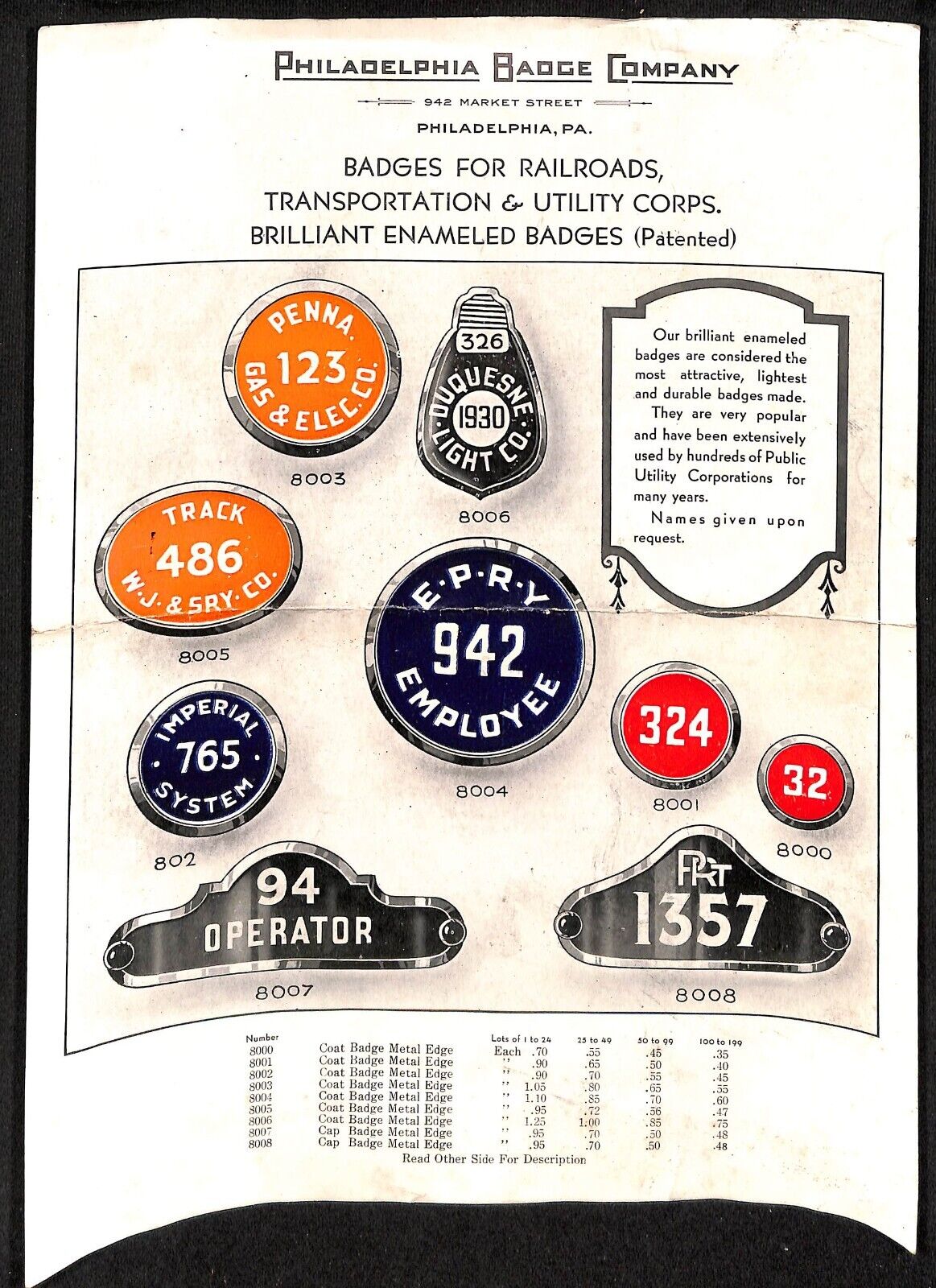1950\'s Philadelphia Badge Co. Enameled for Railroads & Utilities Flyer Sheet