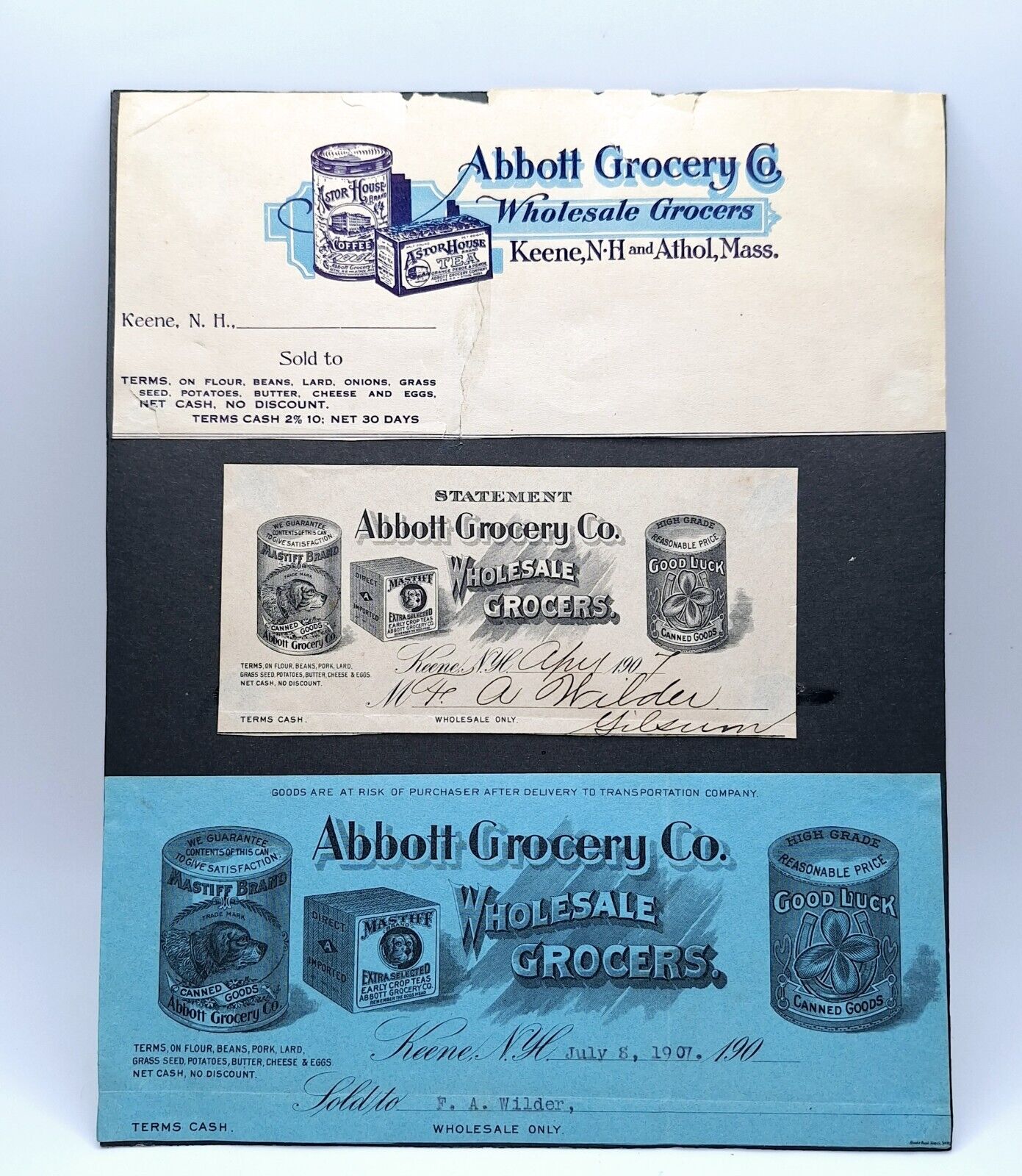 Antique Abbott Grocery Co. Keene N.H.  1907  Statements Set Of 3