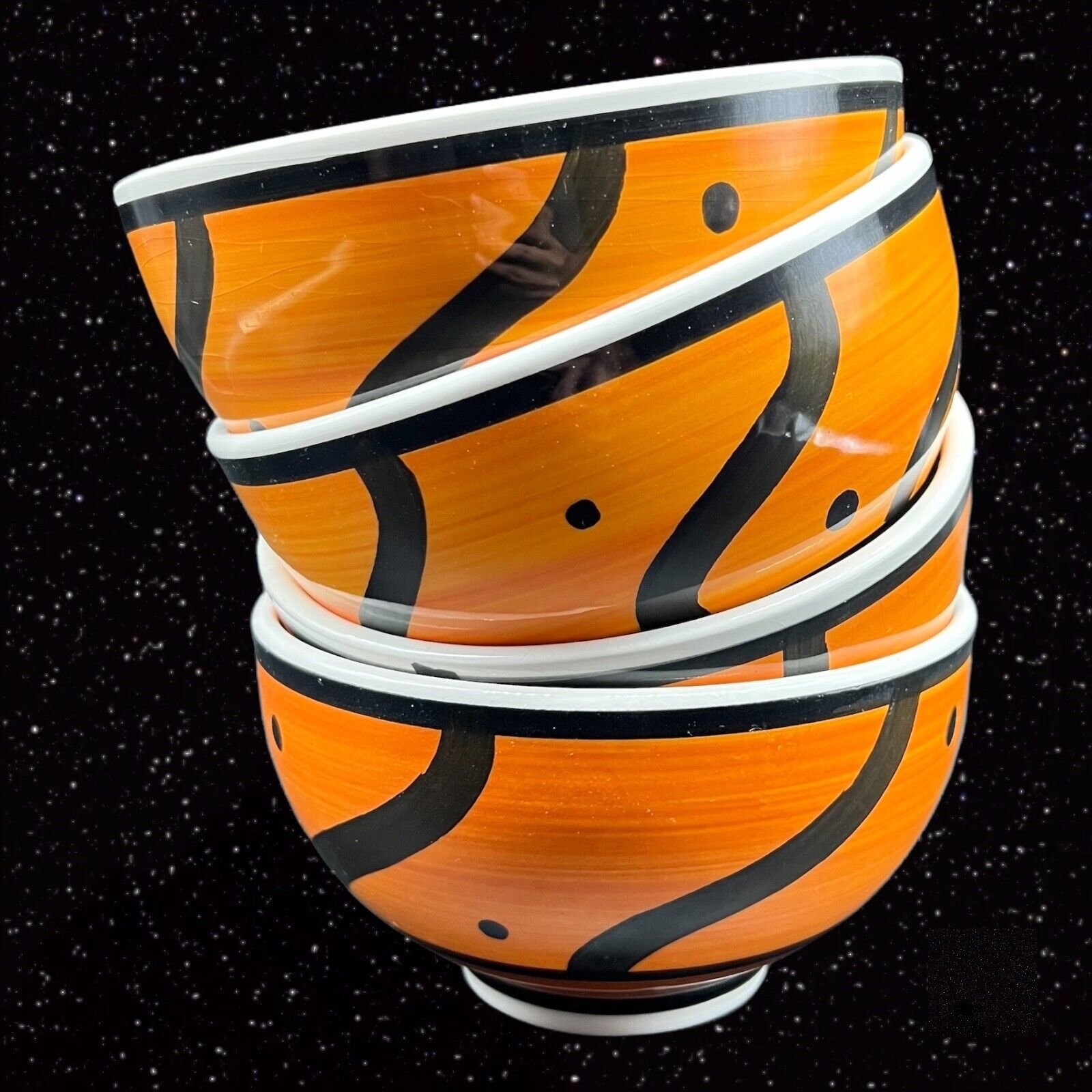 Pier 1 Hand Painted ITALY Orange & Black Cereal Bowl Set 4 Pcs Ceramic 3”T 5.5”W