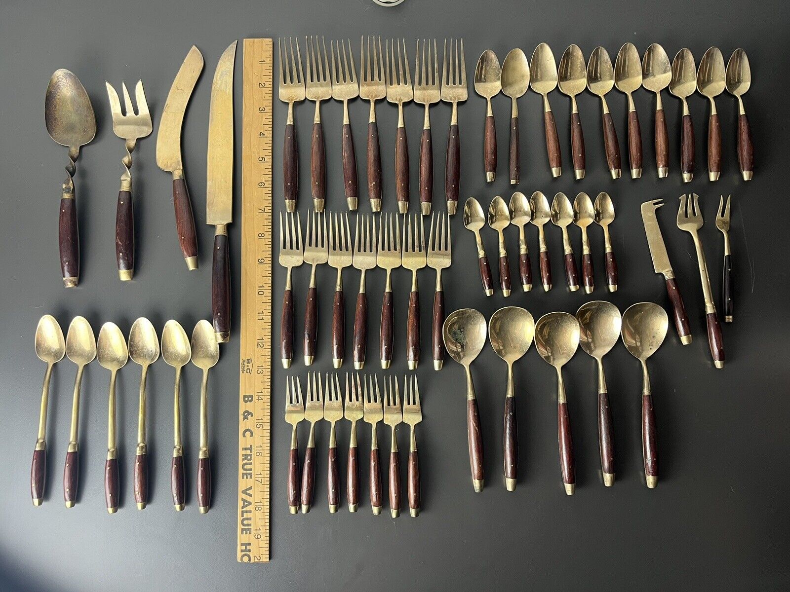 Vintage MCM 56 piece Thailand Brass  Rosewood  Flatware Siam 7 Place Settings