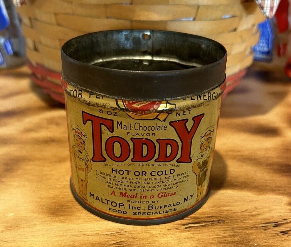 Vintage TODDY MALT CHOCOLATE Drink Mix TIN CAN - Buffalo NY - Empty 8 oz.