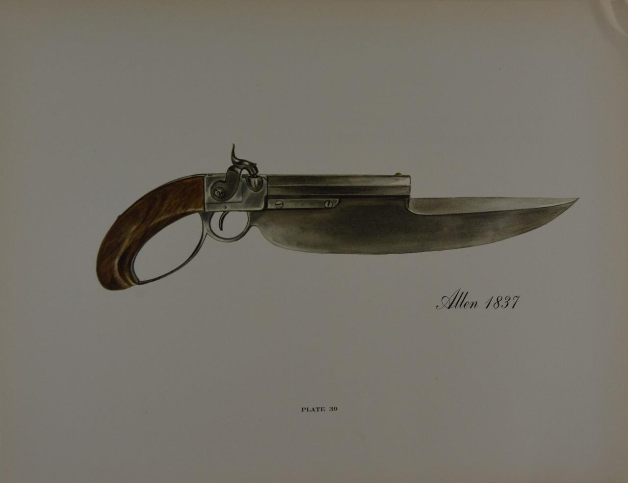Antique Pistol Knife Gun Art Print Military History United States Printed 1955