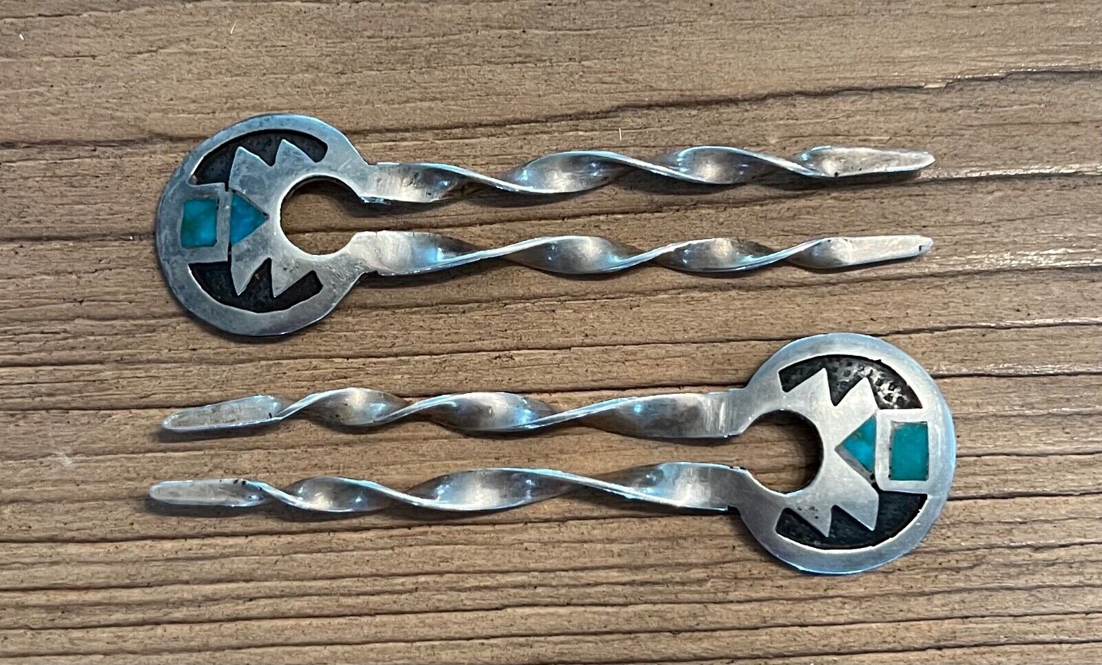 Vintage Sterling Silver Turquoise Native American Hair Pin Pair 