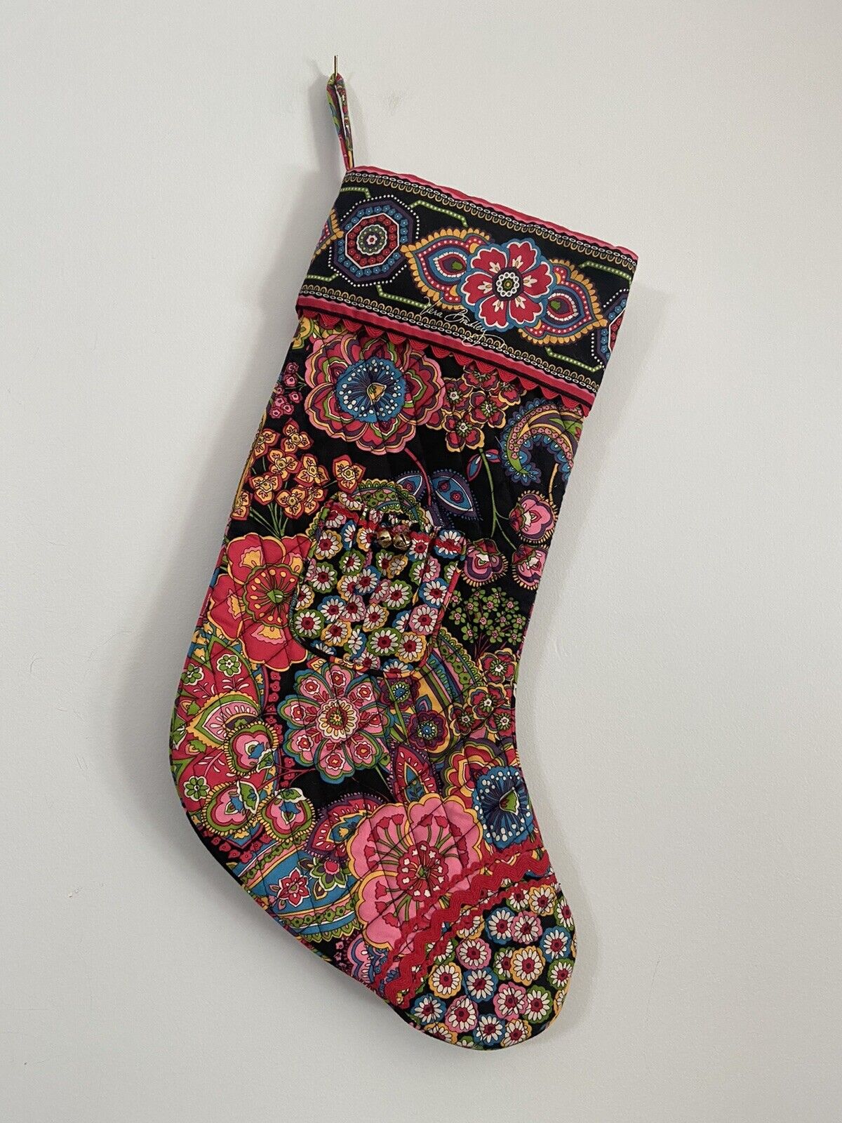 Vera Bradley Christmas Stocking - quilted with outer pocket and bells