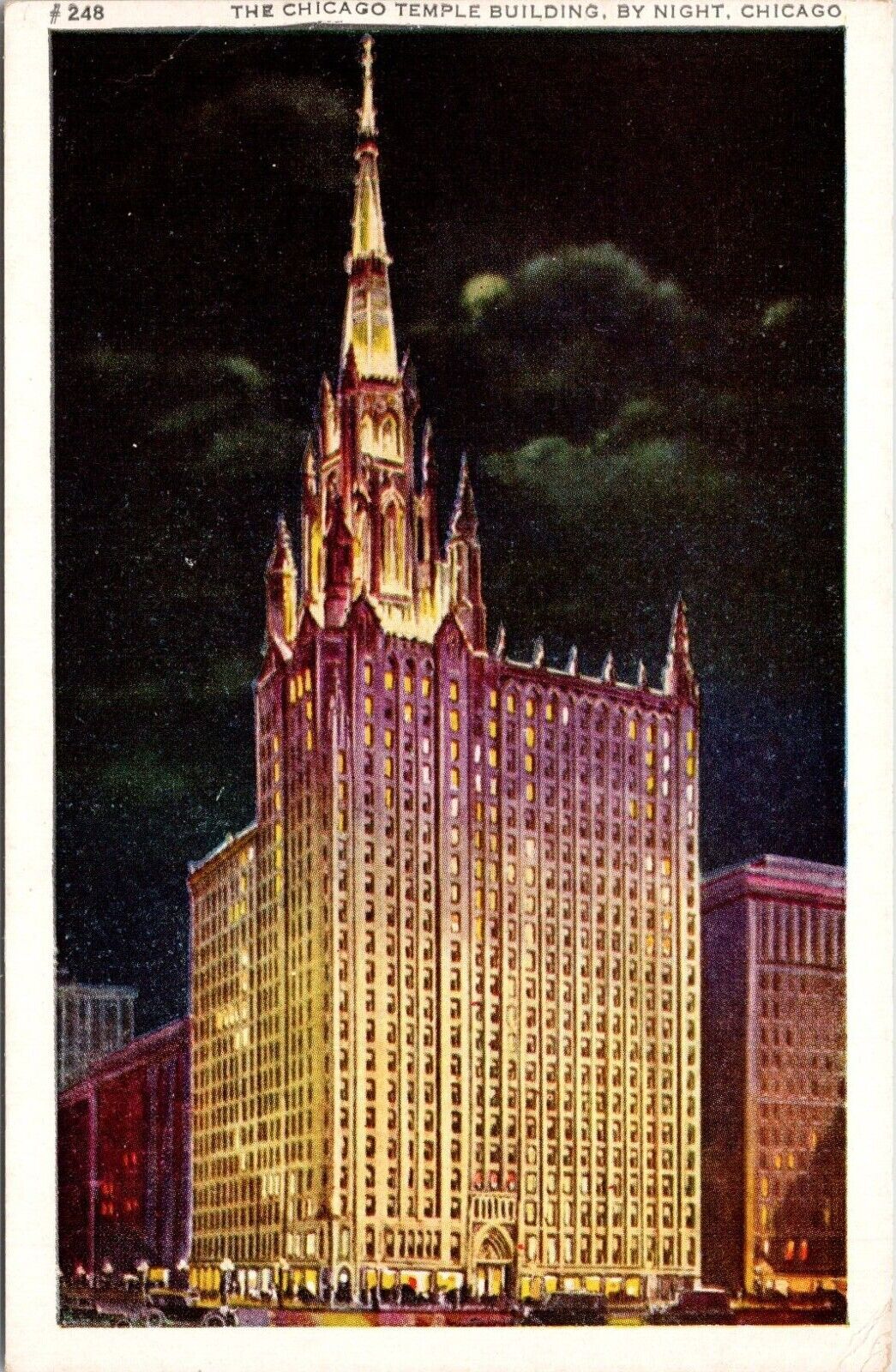 C.1920s Chicago IL Temple Building Night Street View UNP Illinois Postcard A422