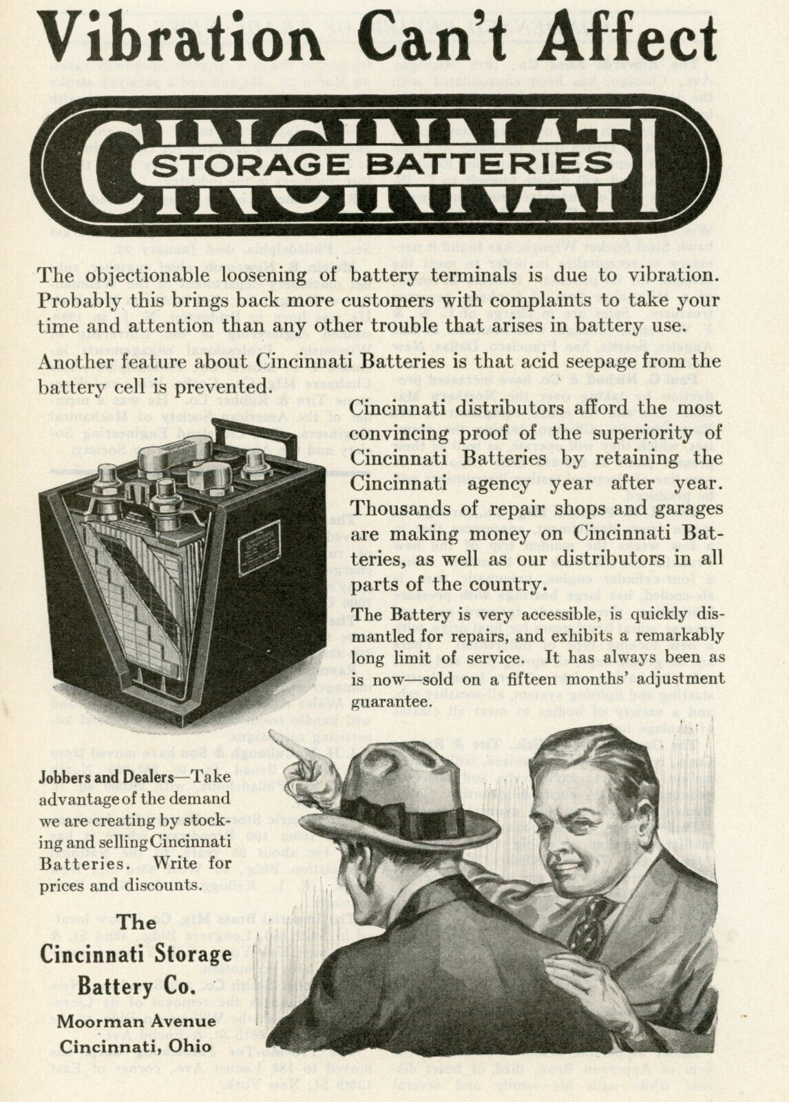1920 Original Cincinnati Automobile Battery Ad. Not Affected By Vibration.