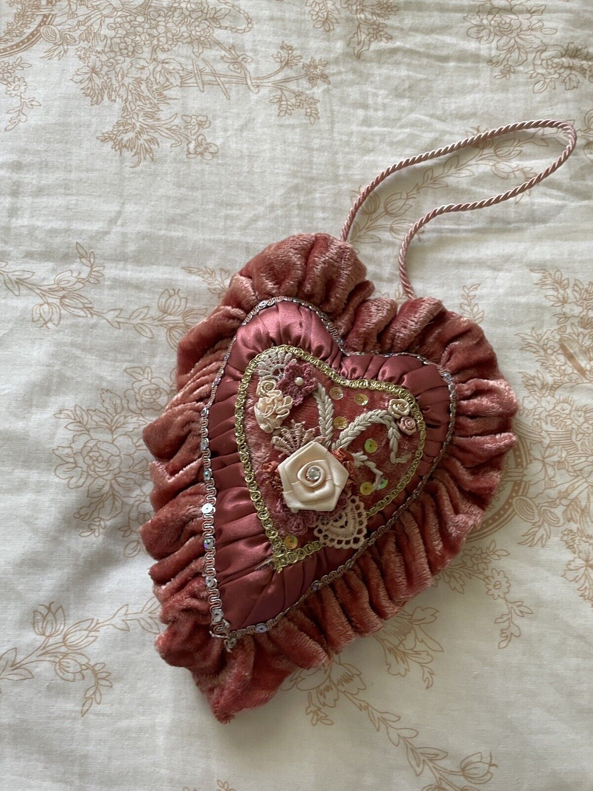 Vintage Heart Shaped Pin Cushion Pink Velvet Satin Sequins Lace Crochet Coquette