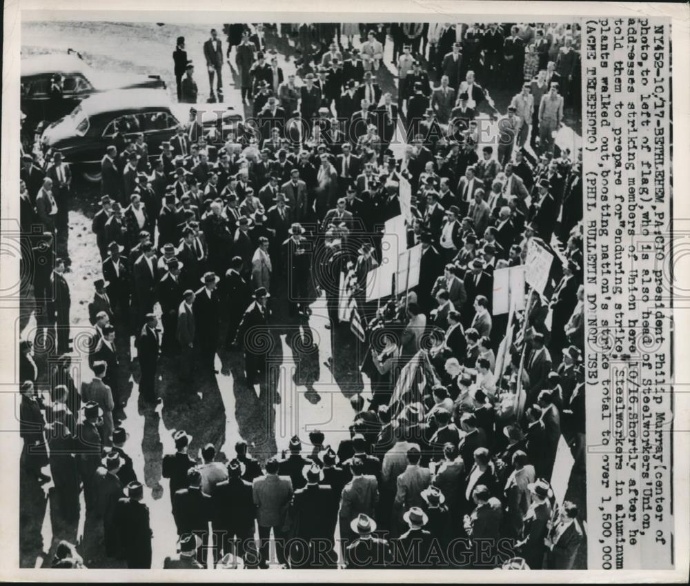 1949 Press Photo Bethlehem, PA: Philip Murray addressing striking union members