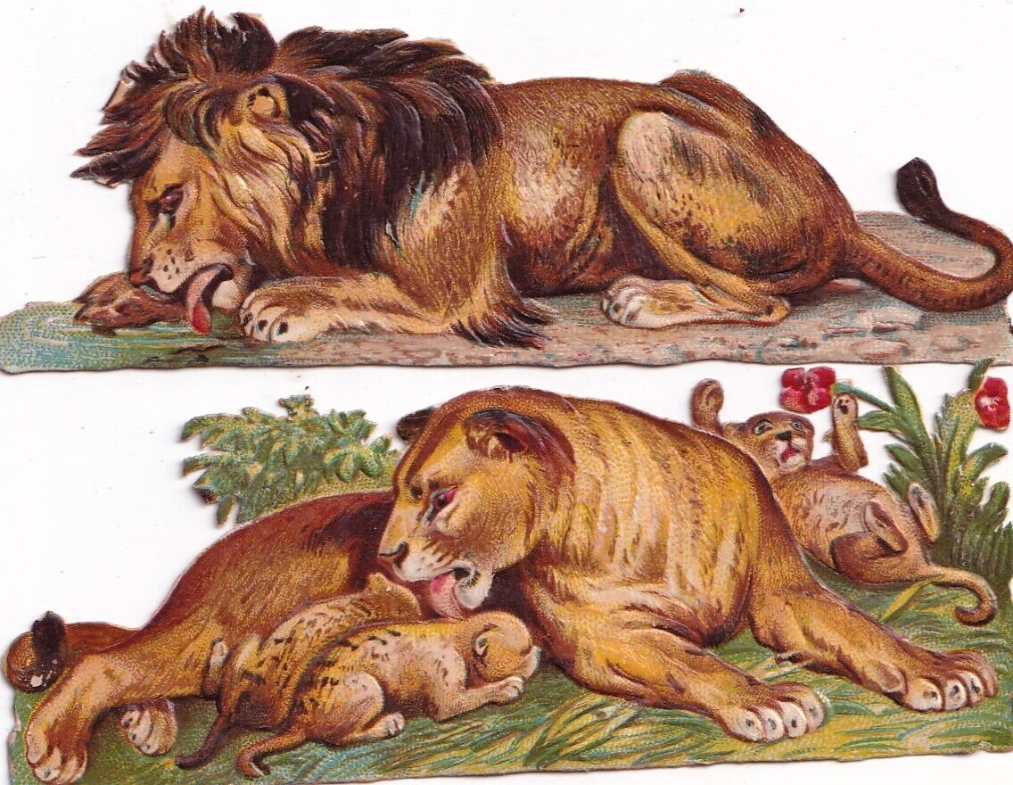 18100s Victorian Die Cut Scrap -Lion\'s w Cubs Pair  3.75in -Selling Lot of Scrap