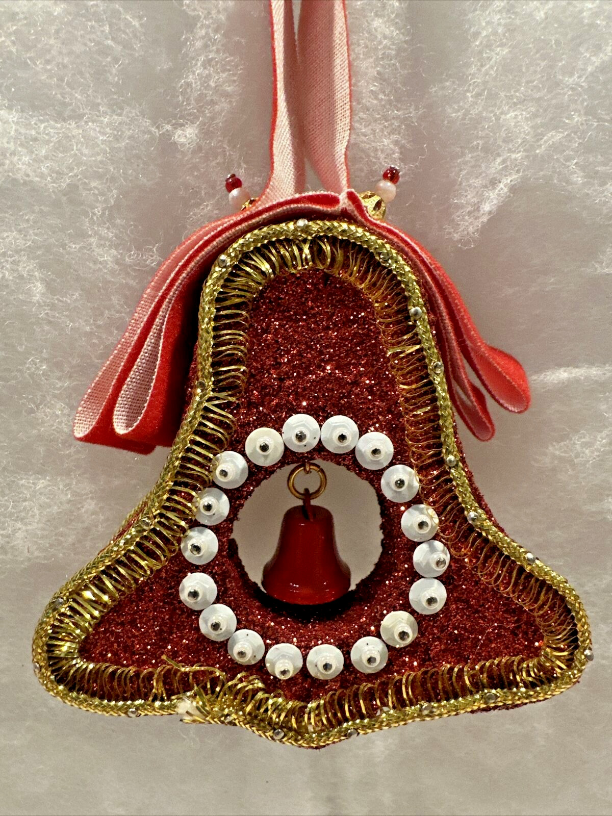 Vintage Push Pin Diorama Red Christmas Bell Ornament 3”x3” Ornate Handmade Nice