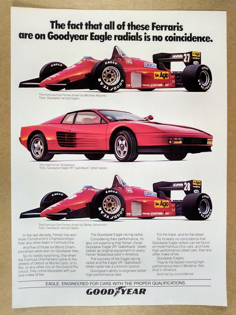 1985 Goodyear Tires Ferrari Testarossa & Formula One Cars vintage print Ad