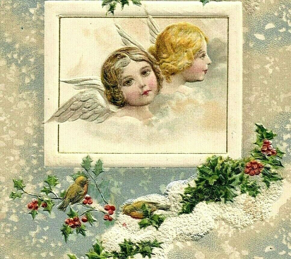 c1910 Adorable Cherubs Birds Branch Heaven John Winsch Christmas Postcard 5372