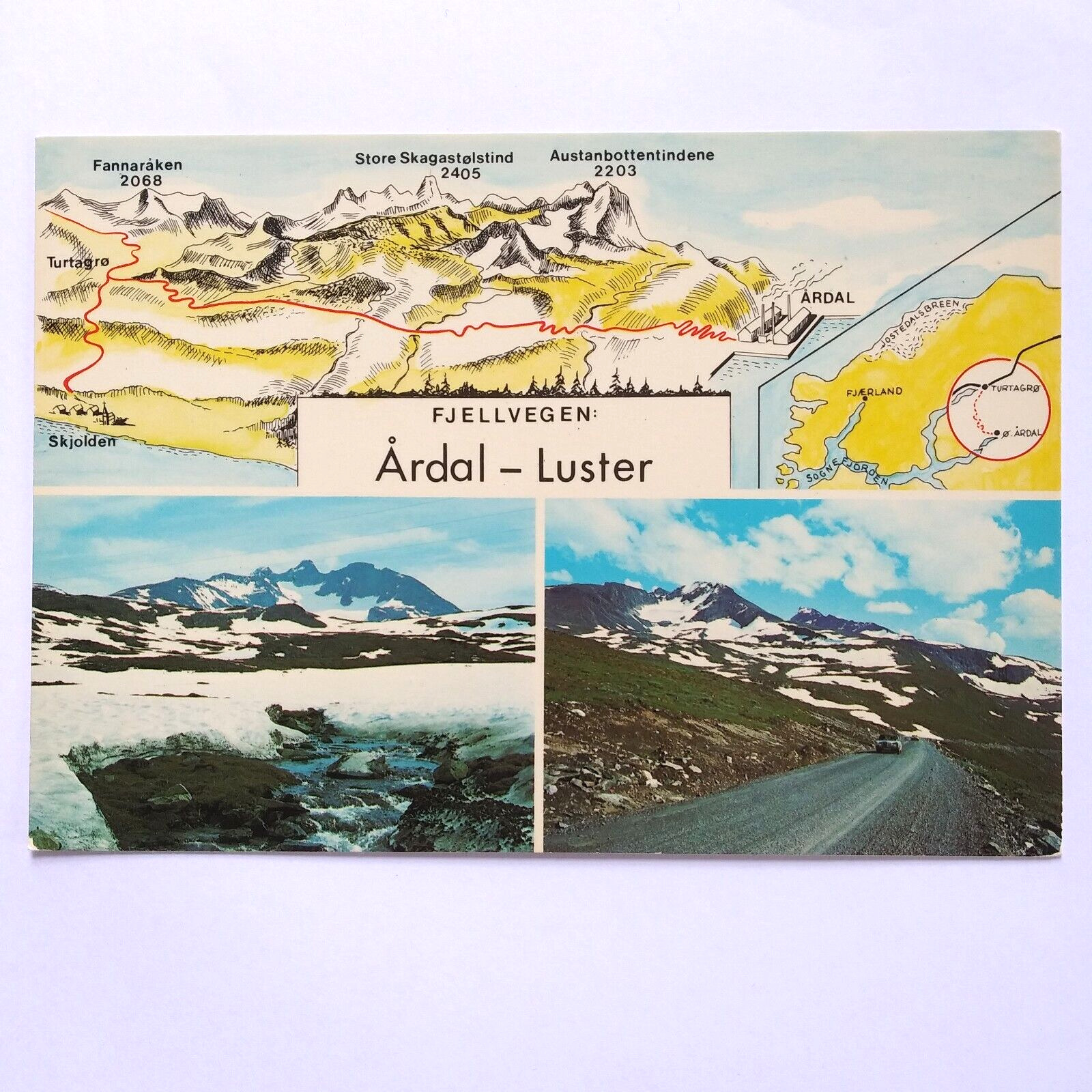 Mountain Road Ardal Luster Sogn Norway Postcard Multiview Map Vintage Chrome