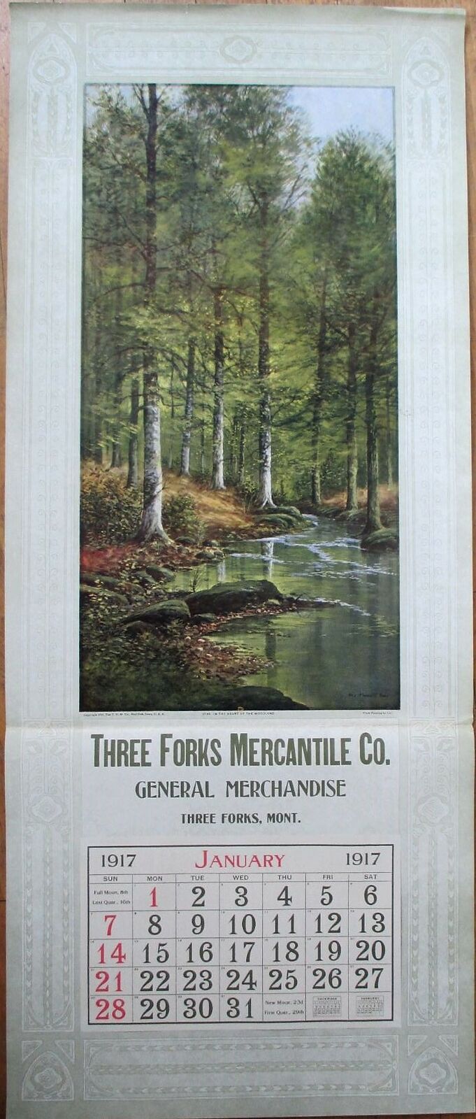 Three Forks, MT 1917 Advertising Calendar/15x35 Poster: Mercantile Co. - Montana