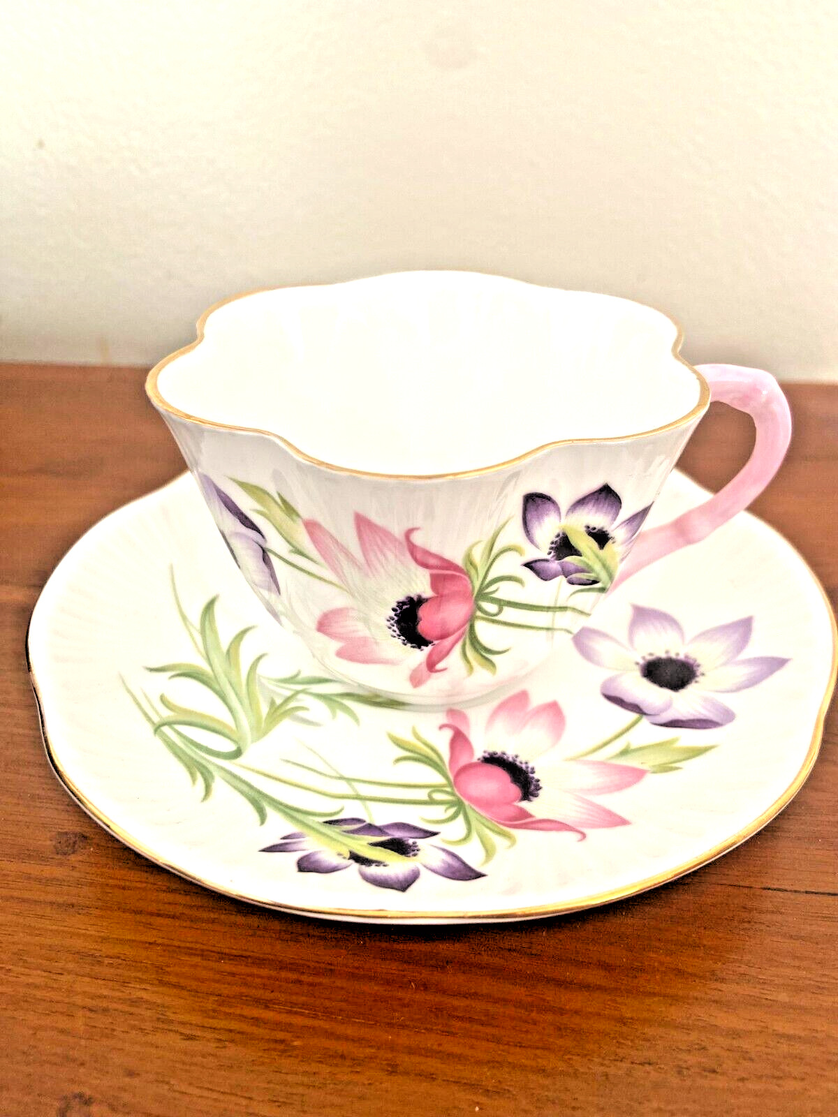 rare Shelley Dainty Anemone PATTERN Tea Cup & Saucer Plate w/PINK & PURPLE#14006