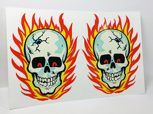 Pair of HOT HEAD Flaming Skull Vintage Style DECAL, Sticker, rat rod, racing