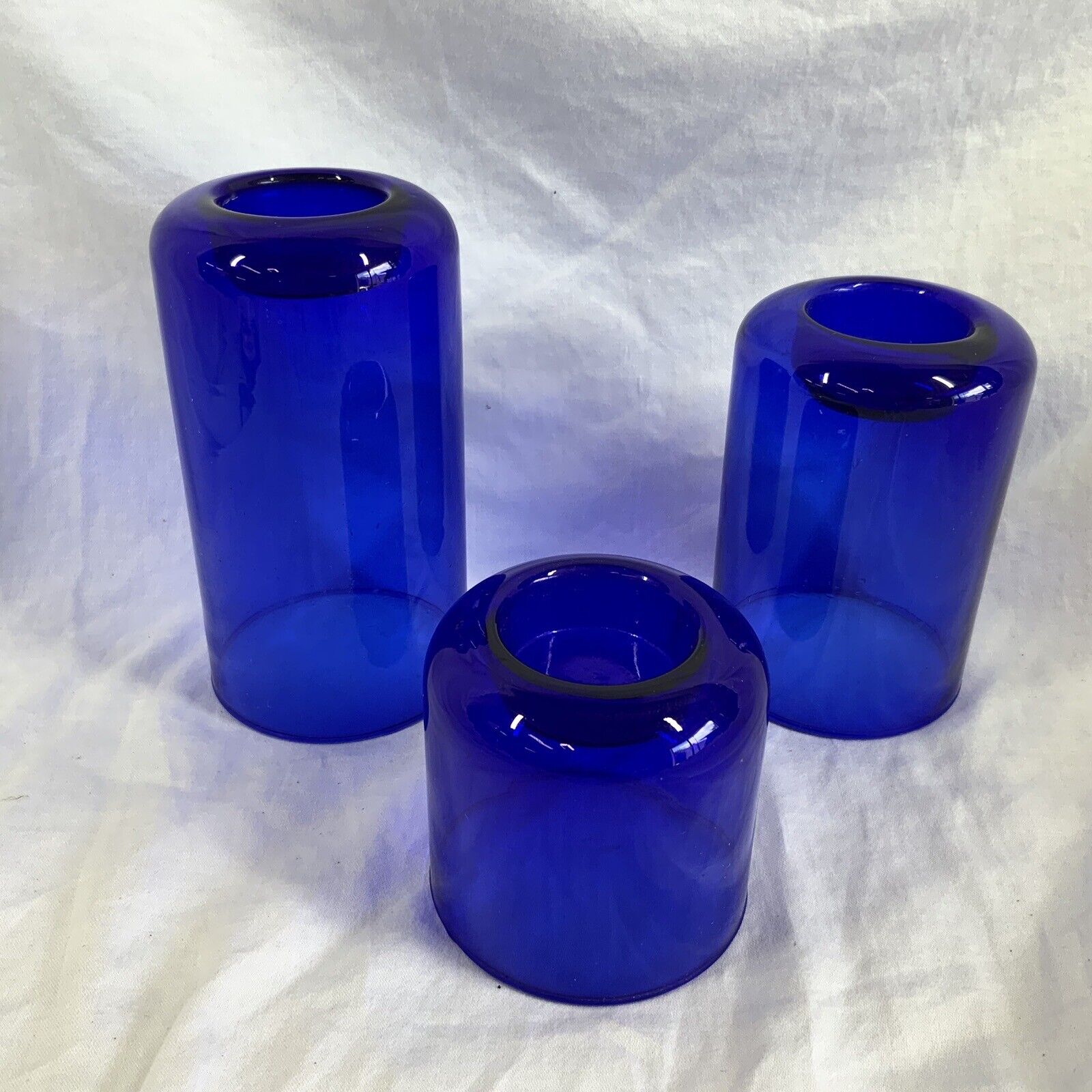 Set Of 3 Cobalt Blue Blown Glass Tealight Candle Holders MCM Coastal Beachy
