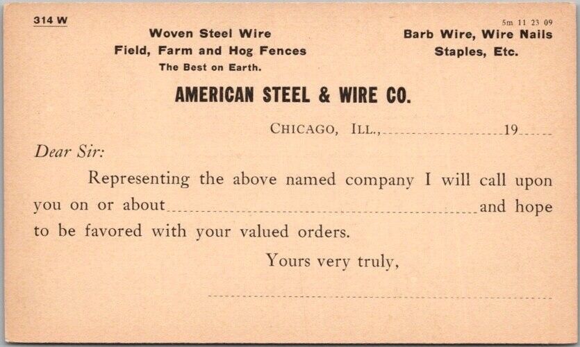 c1900s CHICAGO IL Advertising Postcard AMERICAN STEEL & WIRE CO. Salesman's Card