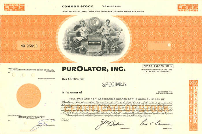 Purolator, Inc. - Specimen Stocks & Bonds