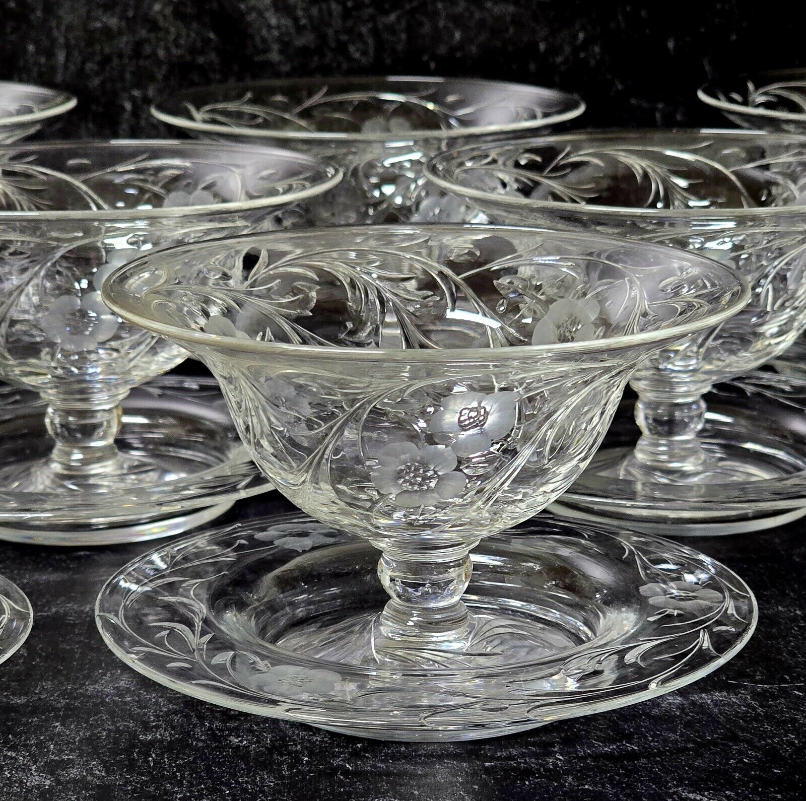 8 Thomas Webb Antique Cut Glass Rock Crystal Footed Dessert Bowls & Under Plates