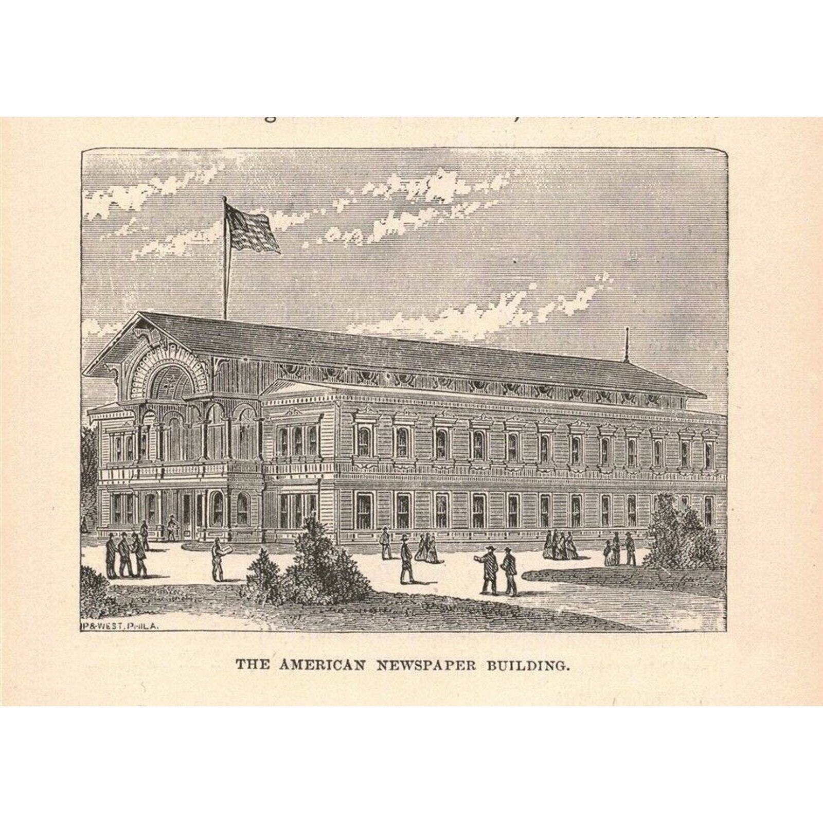 1876 Victorian American Newspaper Building Philadelphia Engraving 2T1-57f