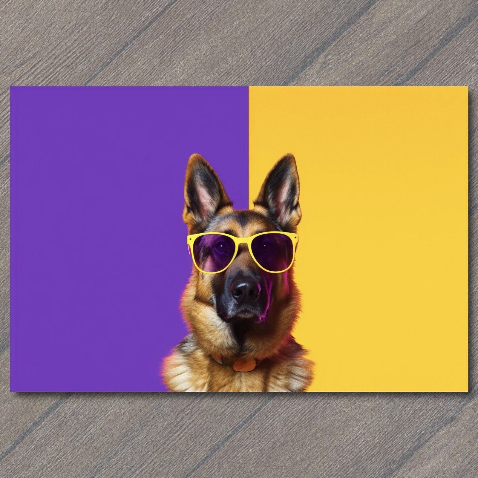 POSTCARD: Stylish German Shepherd in Vibrant Purple and Yellow Glasses 🐾🕶️