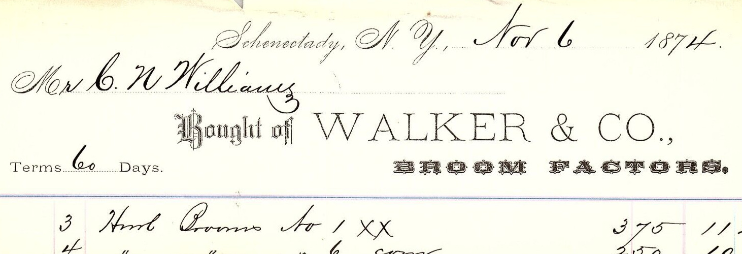 1874 SCHENECTADY NEW YORK NY WALKER & CO BROOM FACTORS BILLHEAD RECEIPT Z4076