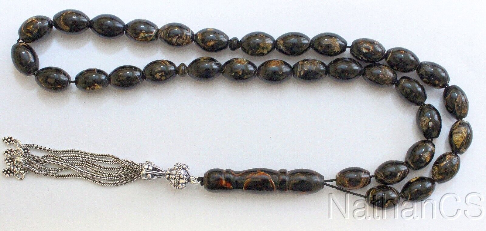 Prayer Beads Tesbih Oval V.Rare Golden Yusr & Sterling - Great Collector\'s item