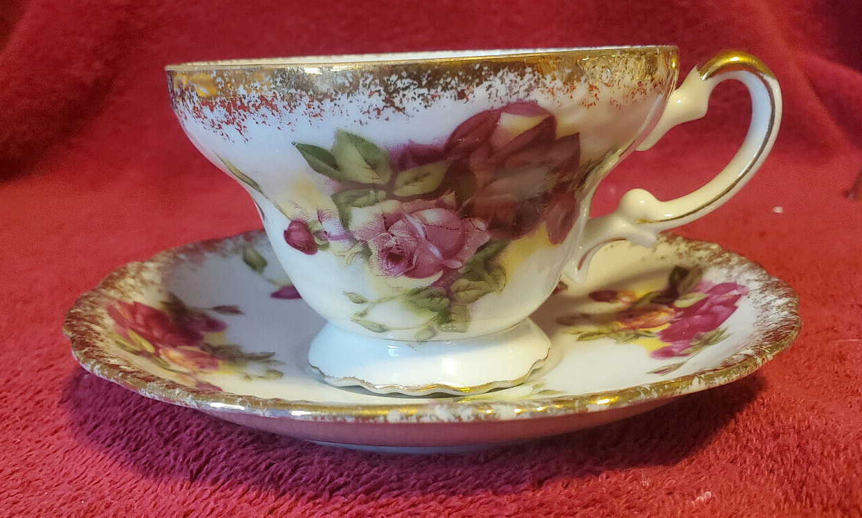 Vintage Red Rose Gold Trim -  Unmarked Porcelain Cup And Saucer