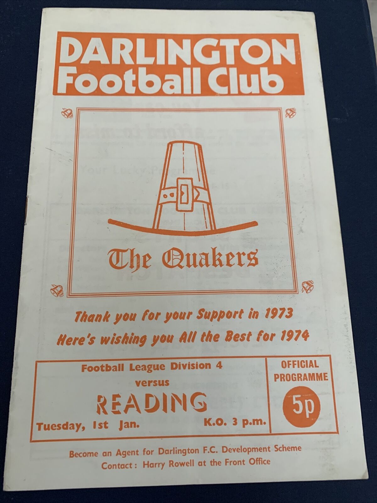1974 Darlington V Reading Soccer/football Program