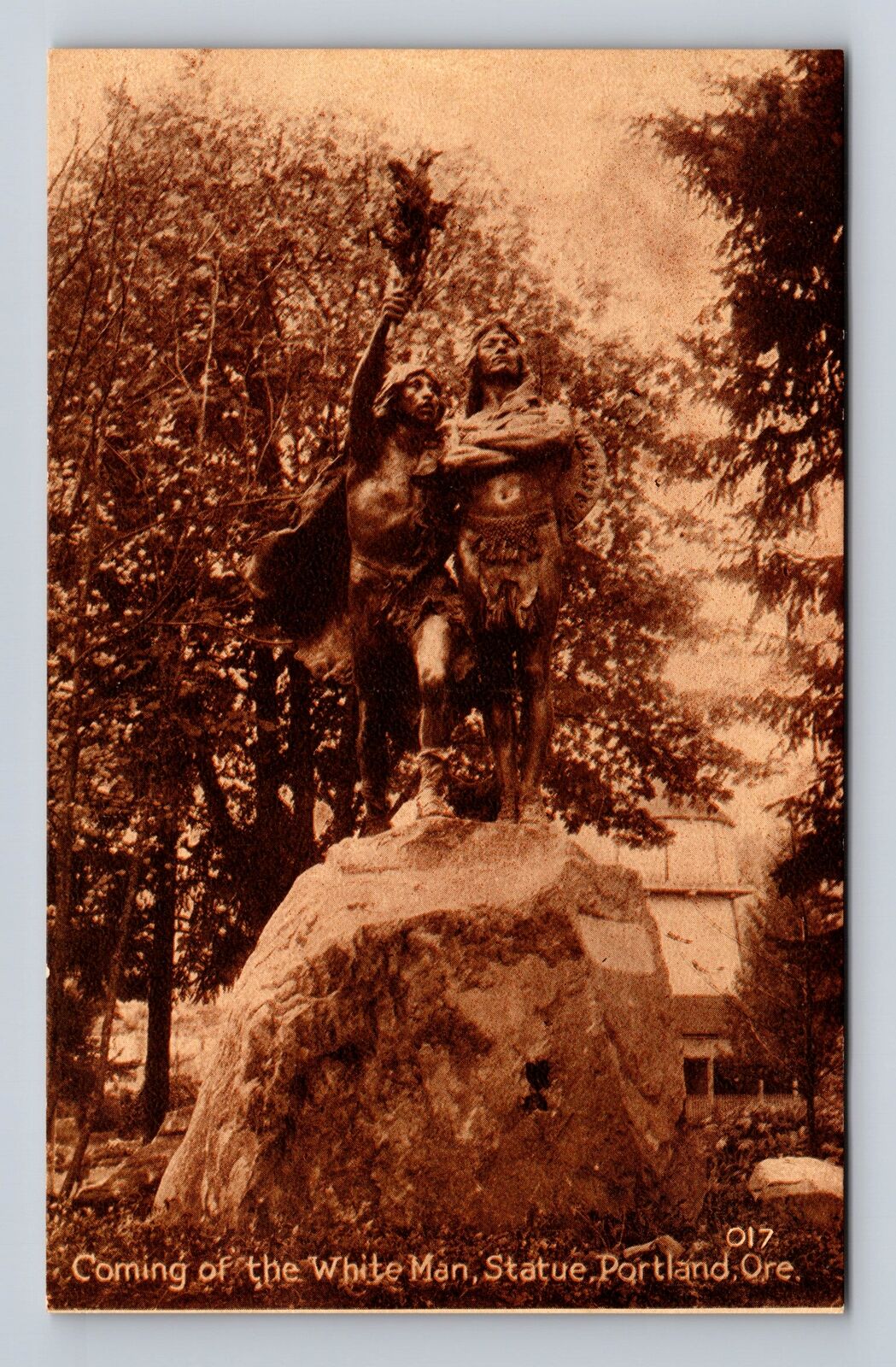 Portland OR-Oregon Coming Of The White Man, Statue, Antique, Vintage Postcard