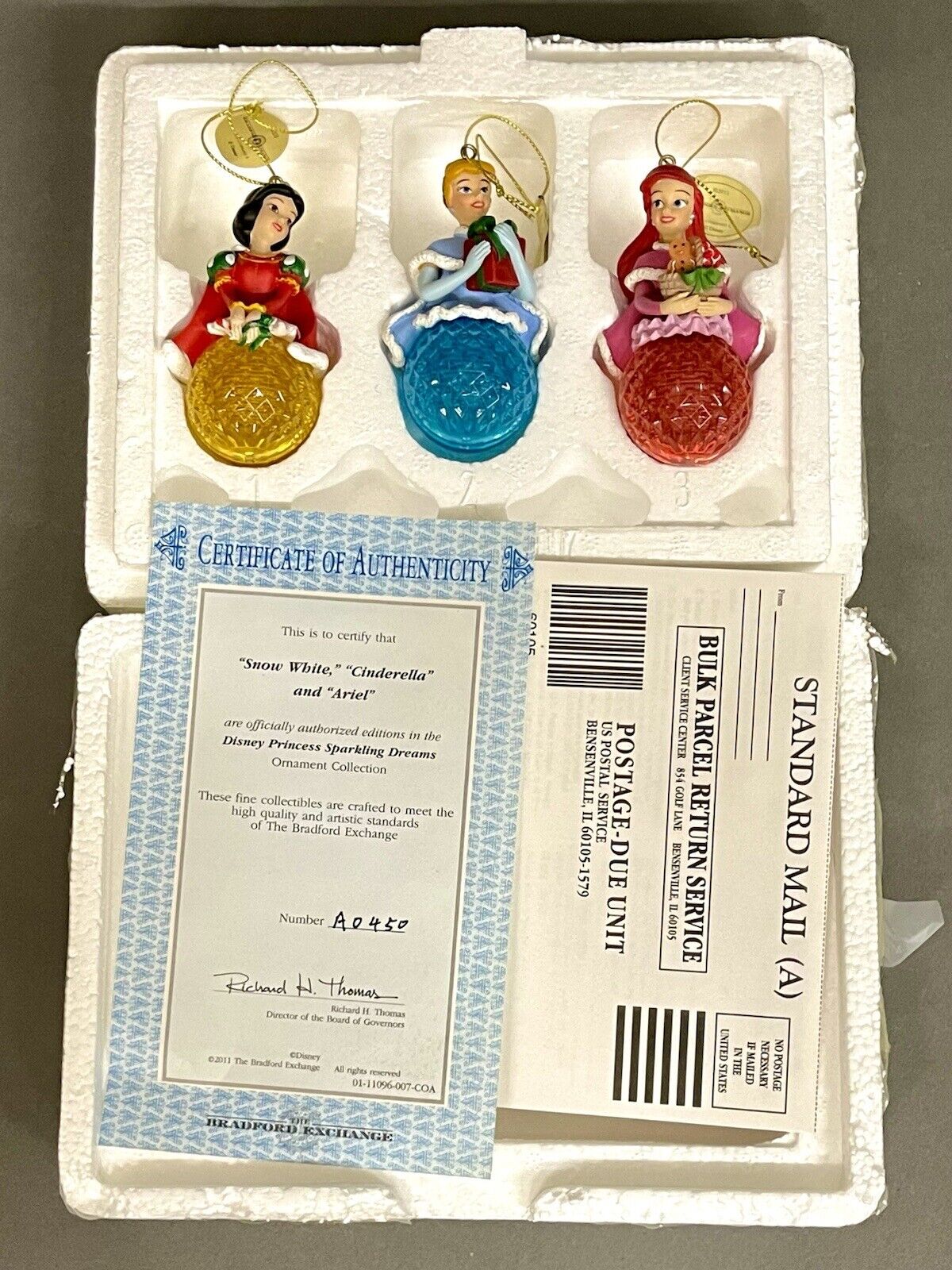 Walt Disney Bradford Exchange Vintage Three Princess Sparkling Dreams Ornaments