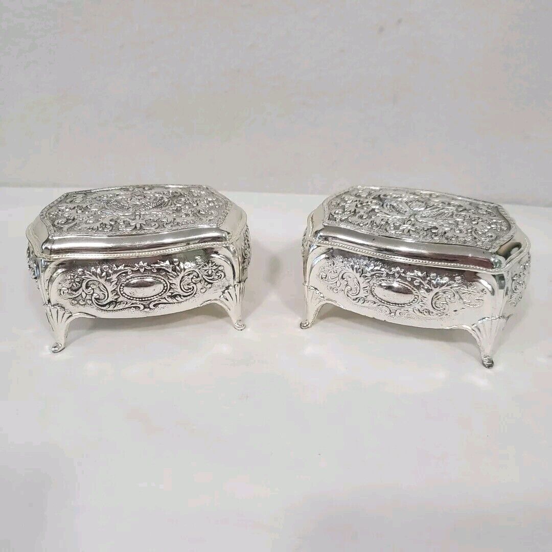 Silver Tone Trinket Boxes Tarnish Resistant Made In Japan Cherub Footed Lot of 2