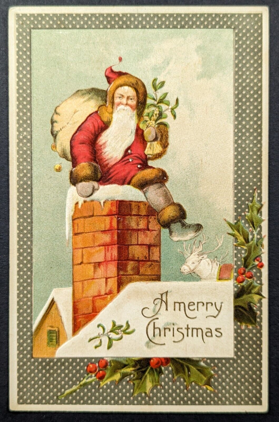 Postcard Vintage Christmas Santa Claus Climbing Down Chimney Toys Reindeer
