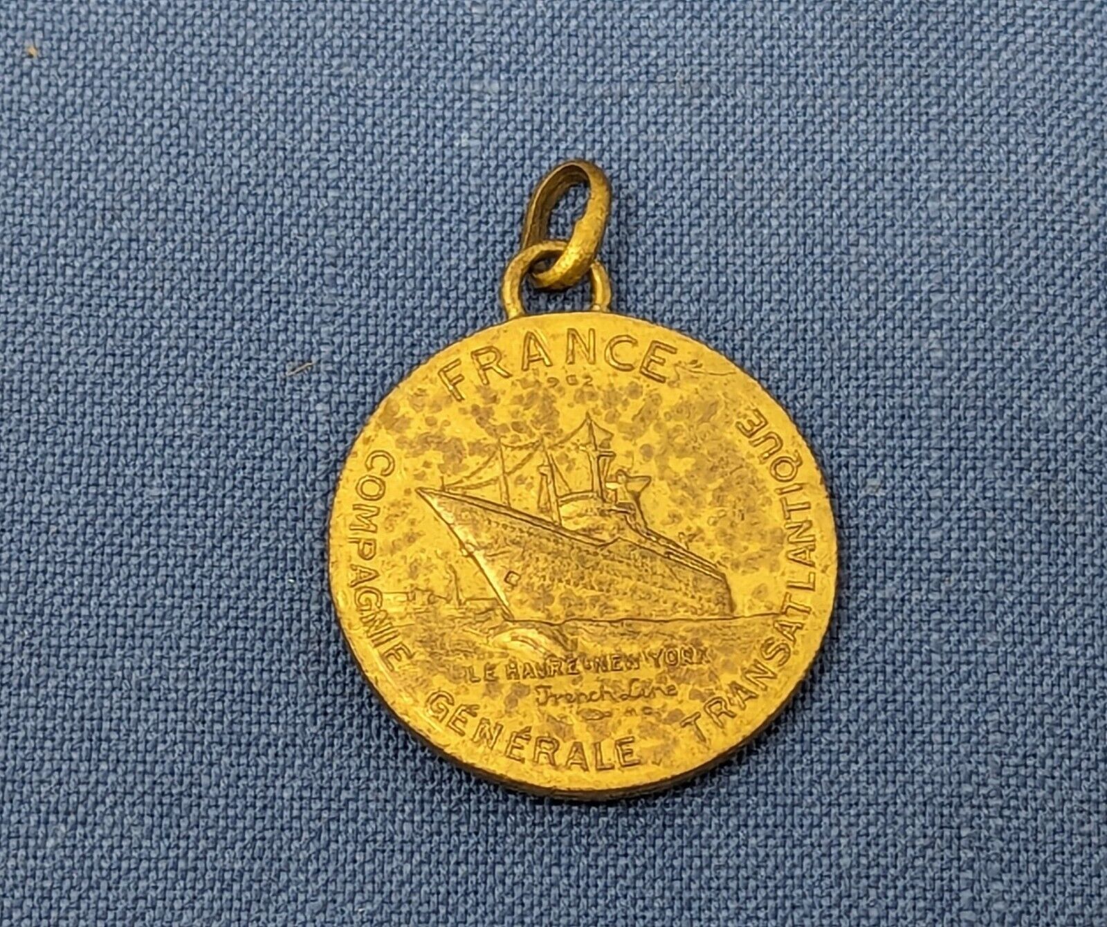French Line S.S. FRANCE Gold-Wash Charm w/ Maiden Voyage Medallion Design