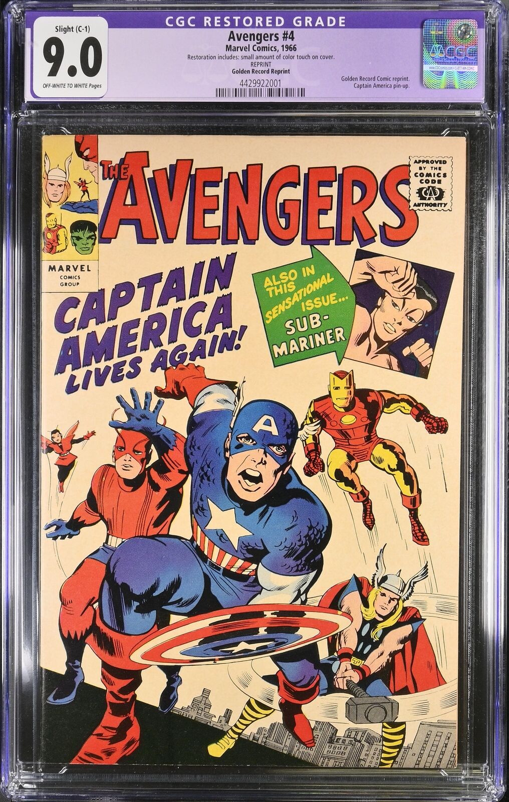 Avengers #4 - Marvel 1966 CGC 9.0 RESTORED Golden Record Comic reprint