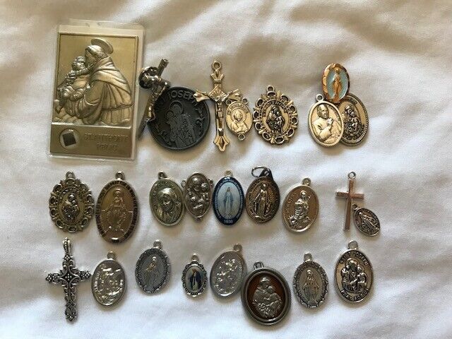 Lot of 25 Catholic Religious Medals, Charms, Crucifix, Centerpiece Medals, Pins