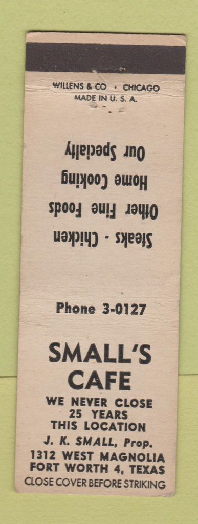 Matchbook Cover - Small\'s Cafe Fort Worth TX