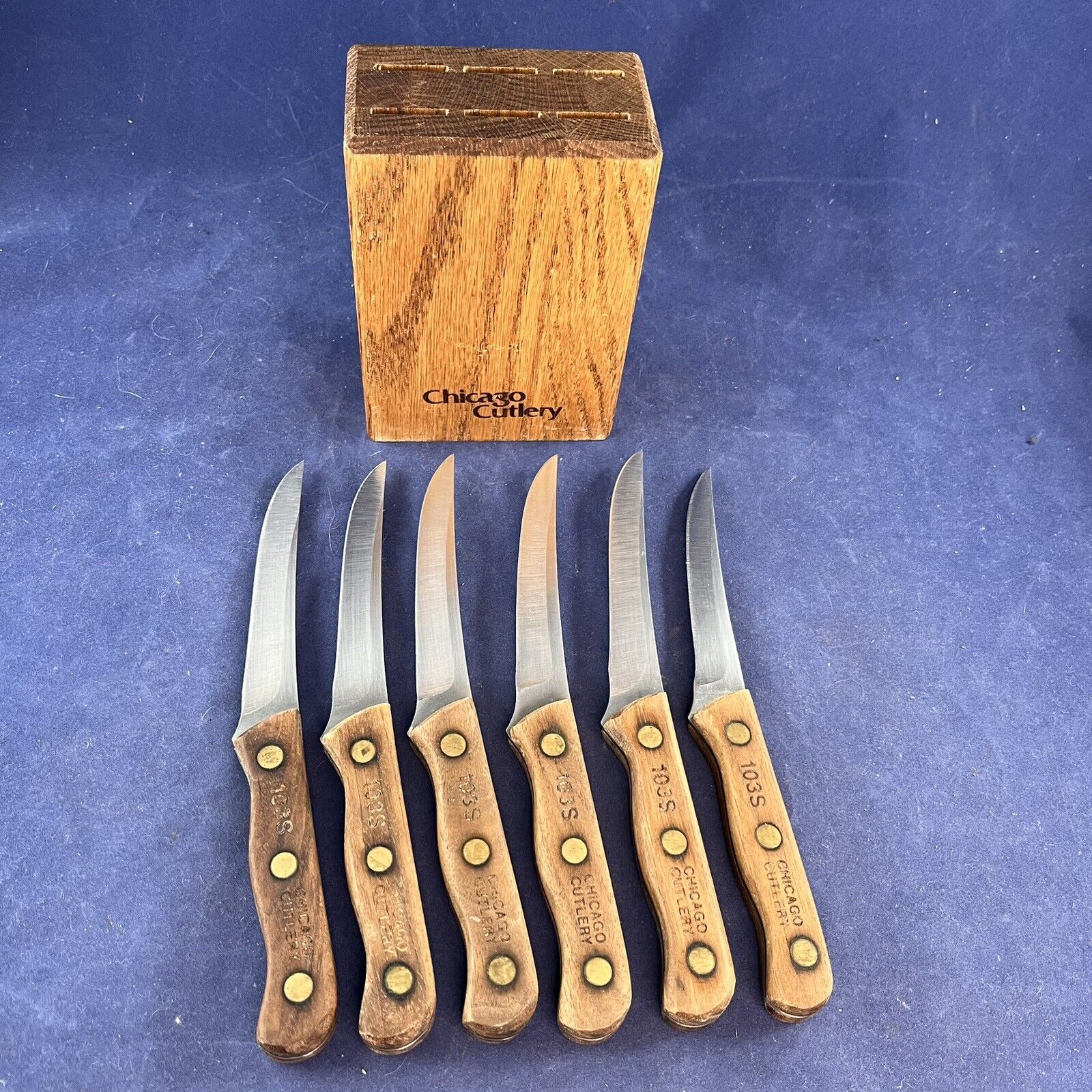 Vintage Chicago Cutlery Walnut Handle 103S Steak Knives with Block USA set of 6 