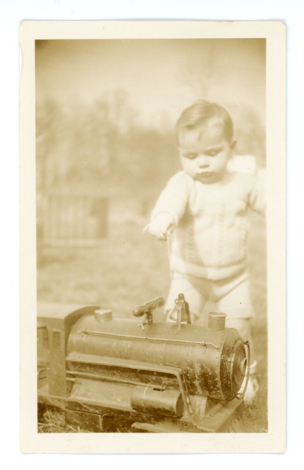 Vintage Old Photo Little Boy Large Toy Train Locomotive Metal