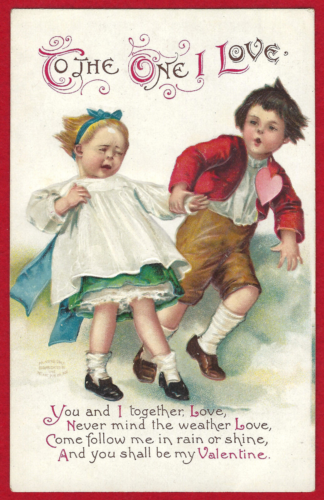 Antique Valentines Day PC To the One I Love Girl Boy Heart Emb Vtg c1908 Germany