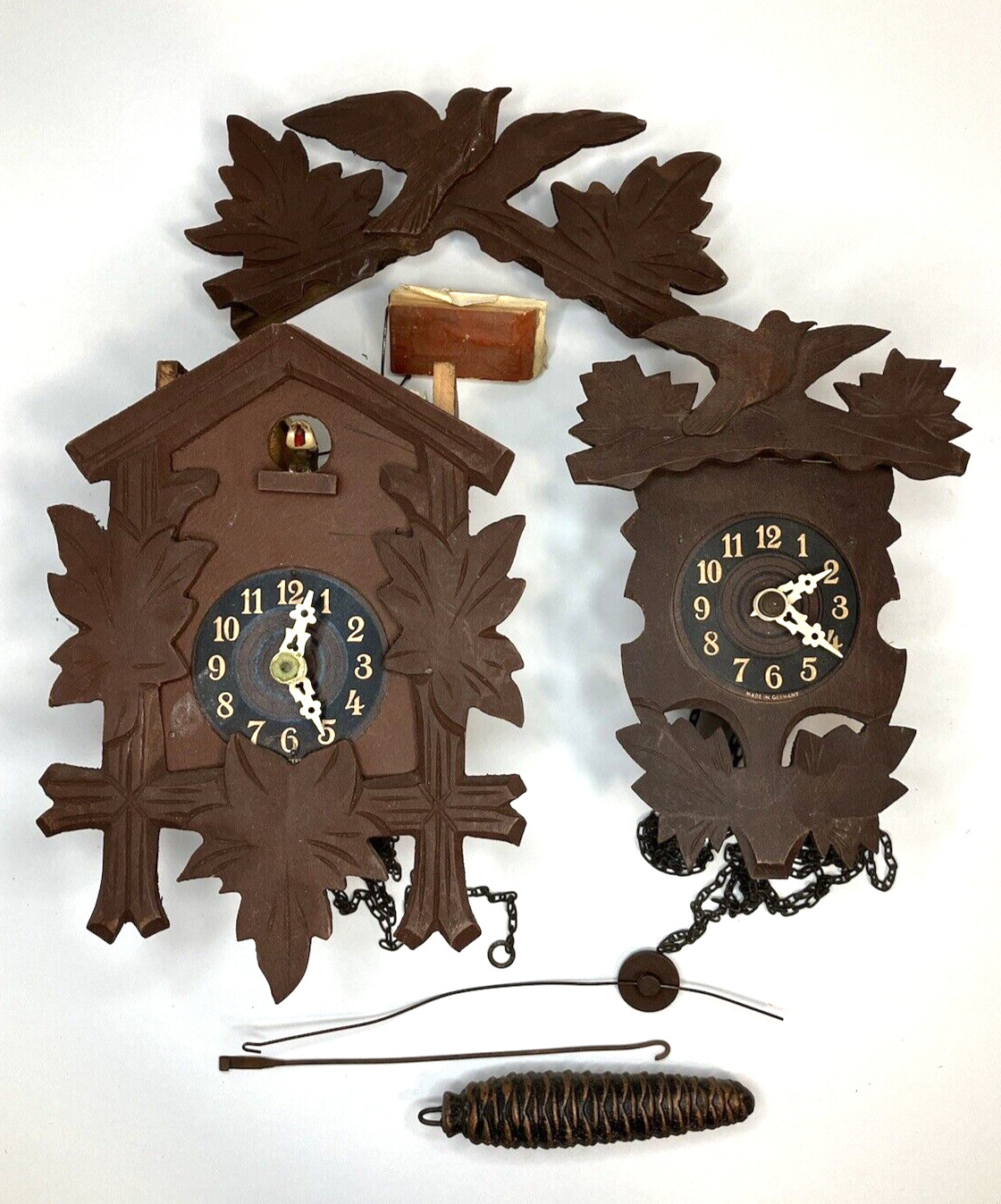 2 Vtg Small Cuckoo Clocks Made in Germany AS-IS FOR PARTS OR REPAIR