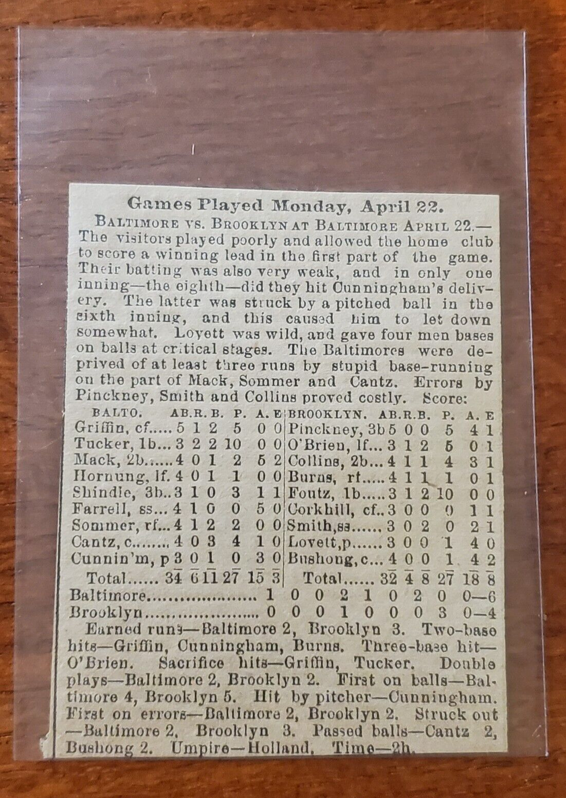 Baltimore Orioles vs Brooklyn Bridegrooms 1889 Baseball Box Score April 22