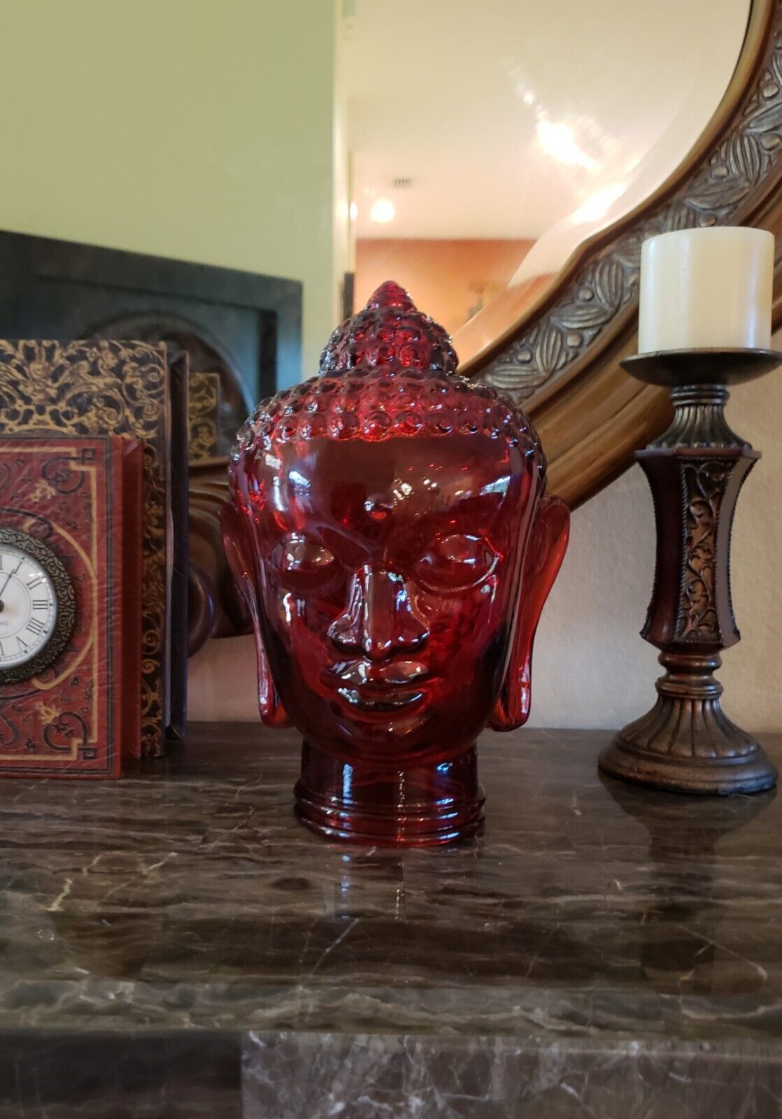 Ruby Red Art Glass Buddha Head Statue Mannequin Zen Calming