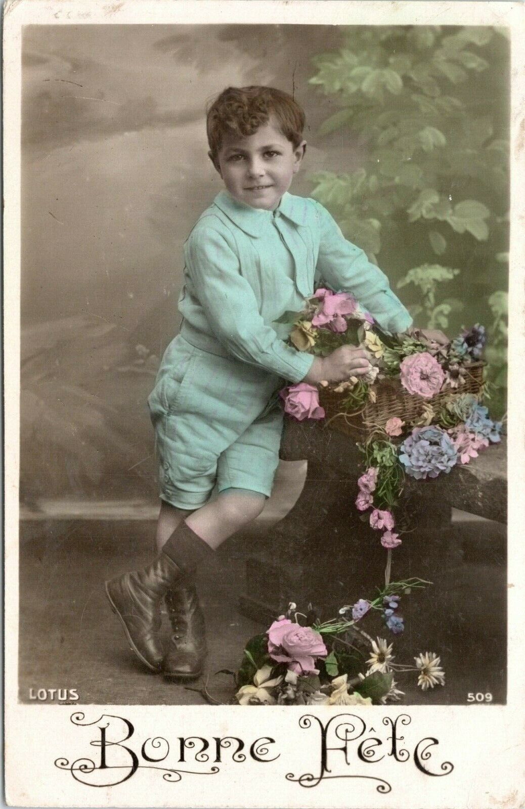C.1910s Hand Tinted RPPC Adorable Boy LOTUS Art Nouveau Back Postcard A120