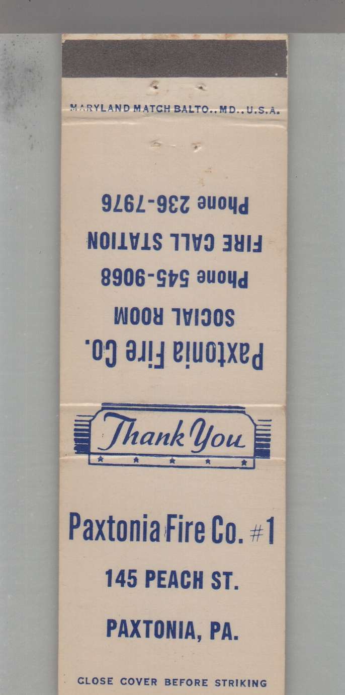 Matchbook Cover - Fire Related - Paxtonia Fire Co. #1 Paxtonia, PA