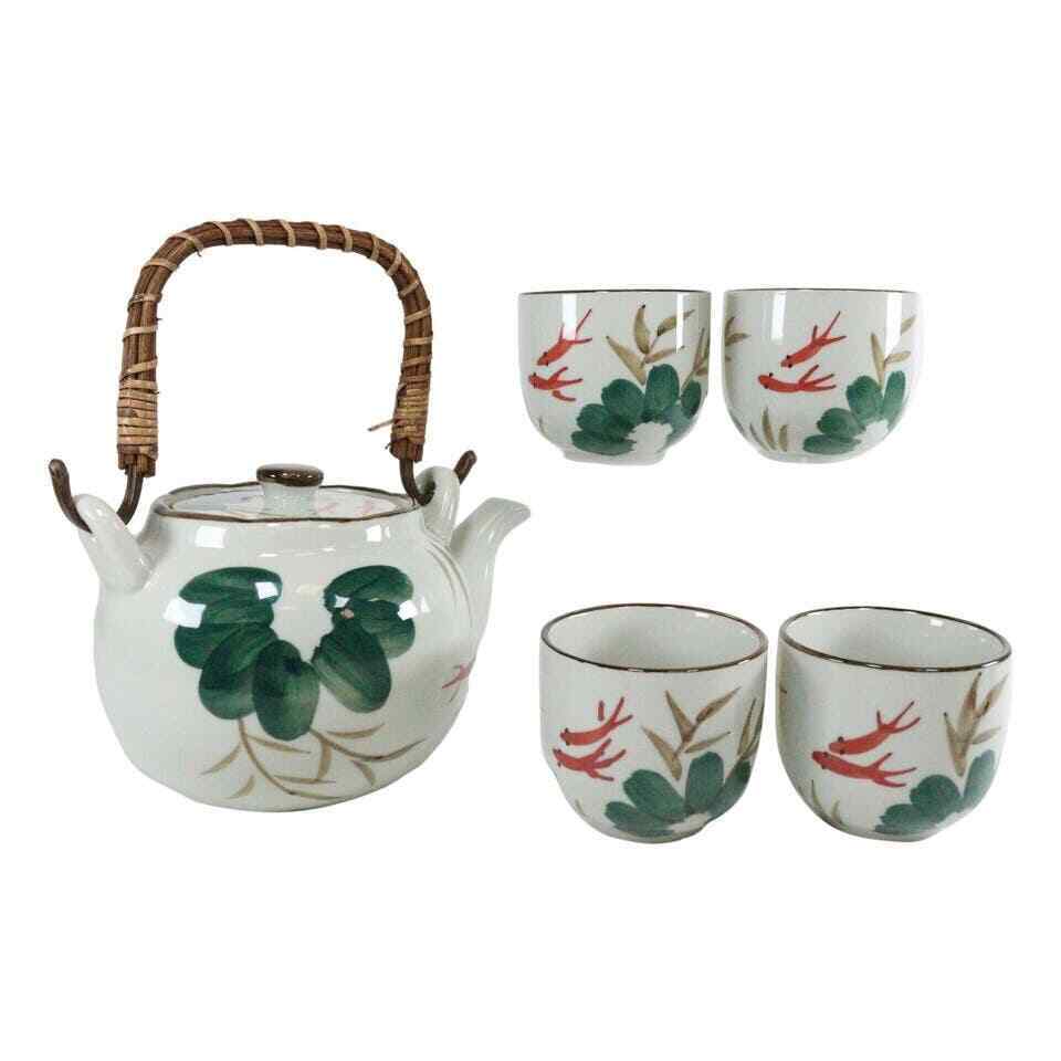 Japanese Koi Fish Lily Pond Design Ceramic Tea Pot Service Set with 4 Cups 38oz