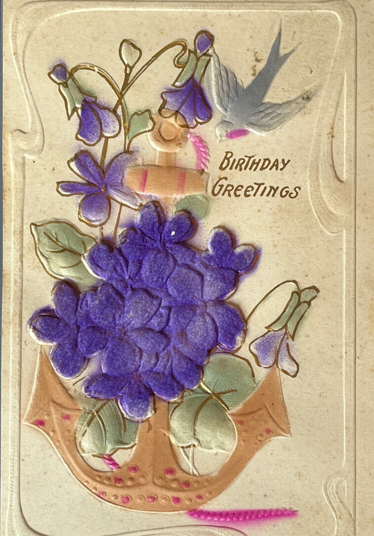 Antique Birthday Postcard Early 1900s Ephemera 3D Anchor Nautical Dove Violets
