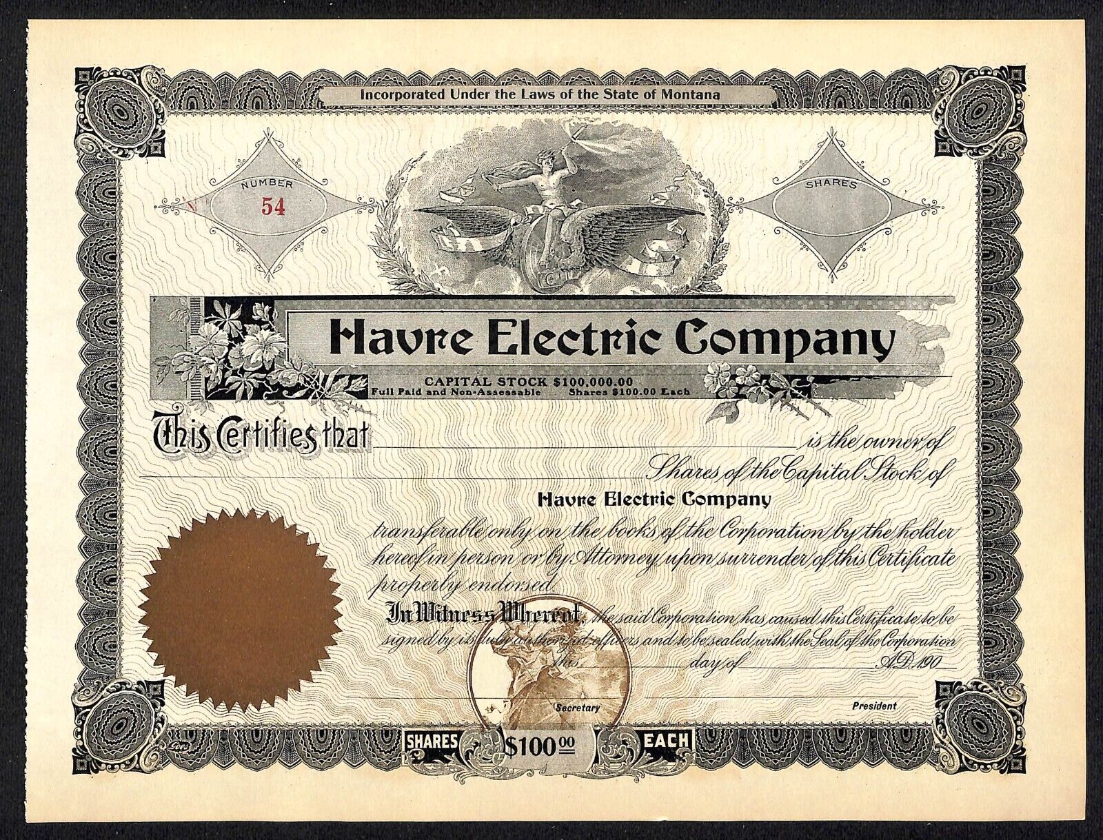 Havre Electric Company Montana c1900 - 1910 Unused Stock Certificate VGC