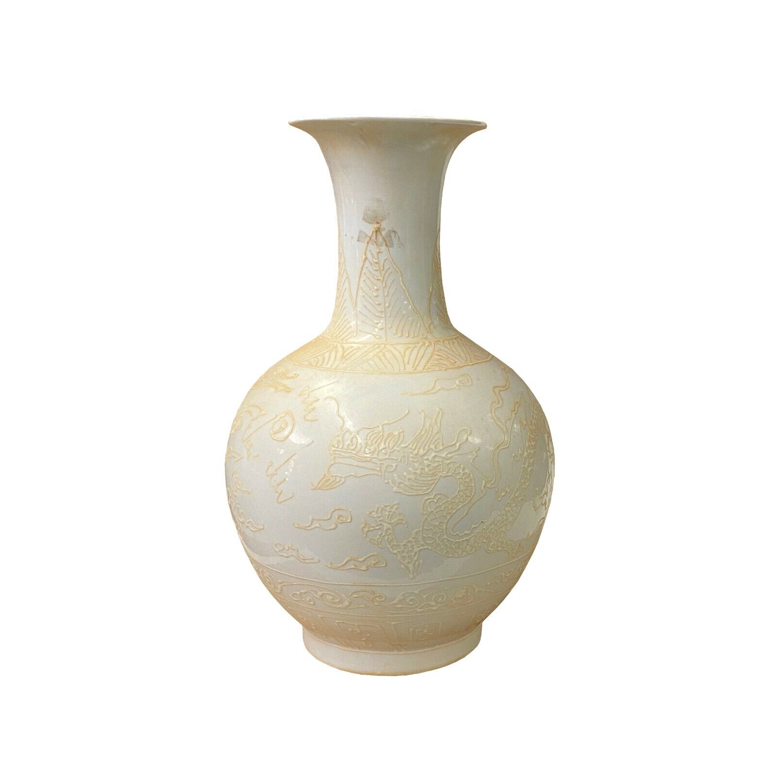 Chinese Off White Porcelain Dimensional Phoenix Dragon Round Vase ws1369